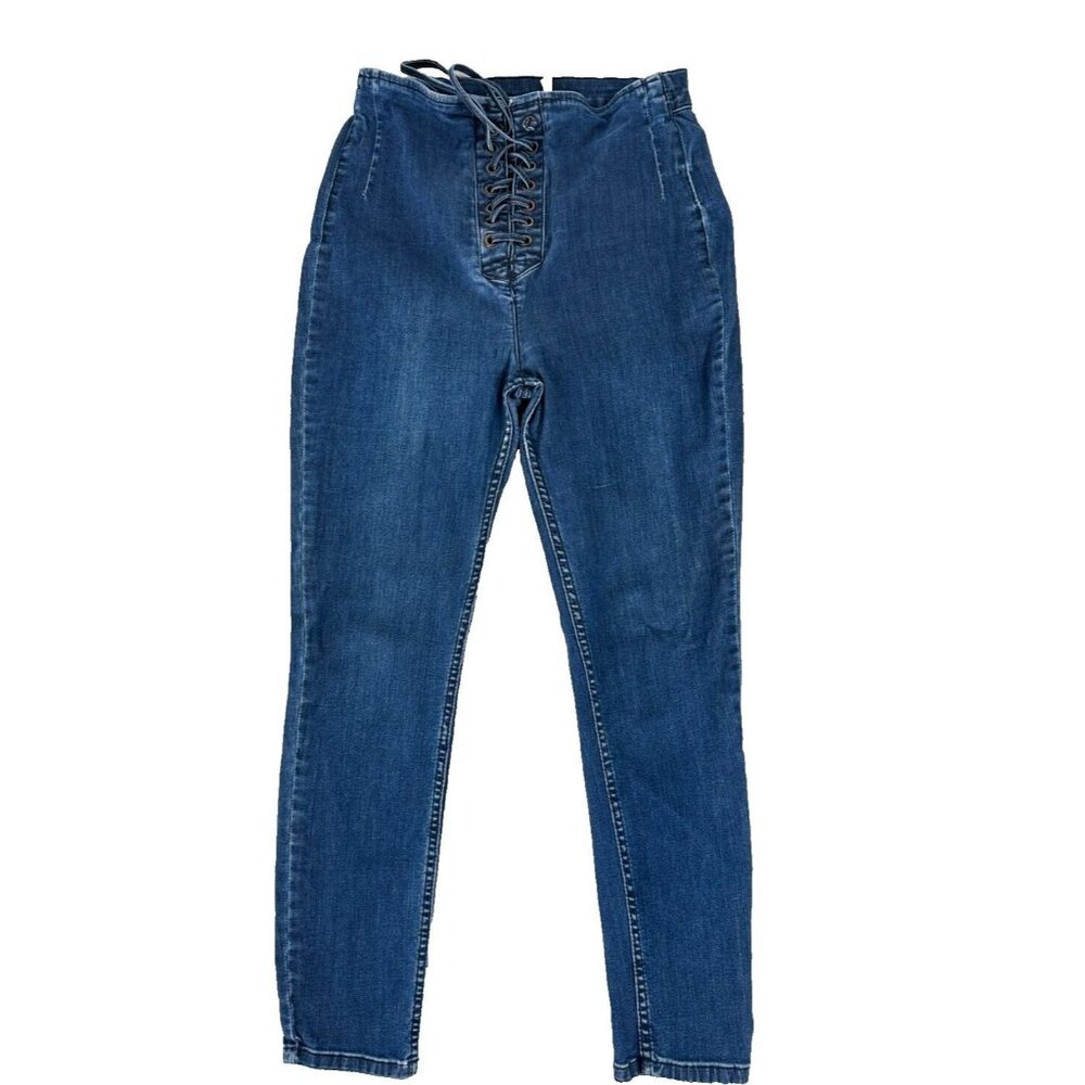 Free People Size 10 Womens Pants Jeans Blue Tie High Waist Hippie Boho Denim